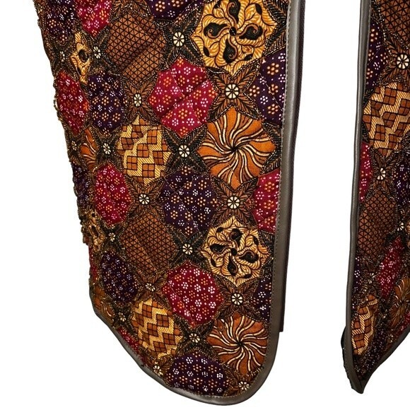 Vintage Cache Beaded Vest Medium Faux Leather Trim Ties Earth Tones Retro - Picture 9 of 13